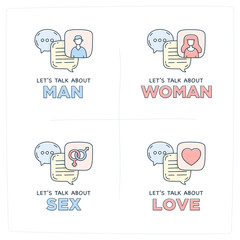 Let's talk about sex, love, man, woman doodle illustration dialog speech bubbles with icon