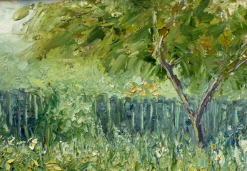 Fragment der Ölmalerei und Palettenmesser-Nahaufnahme des Impressionismus Illustration - Sommergrüne Frühlingsbäume und Laubkunst © weris7554