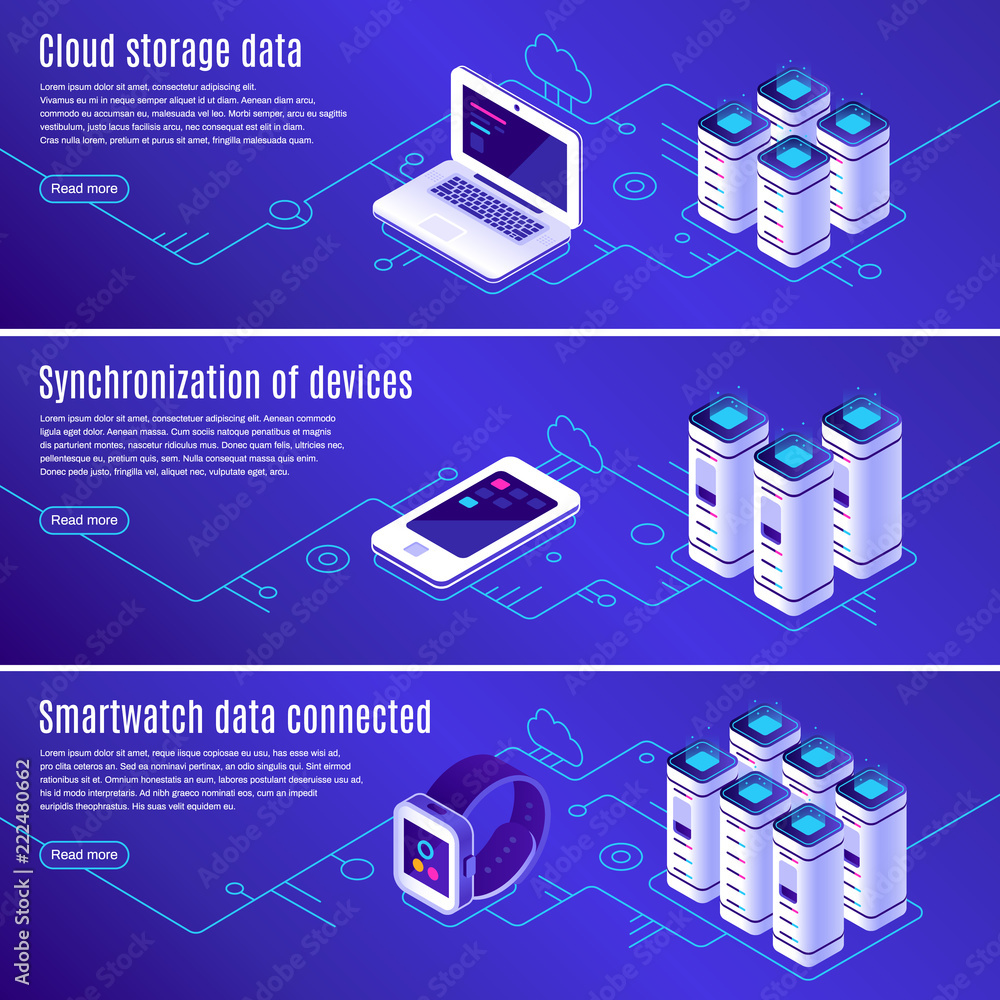 Poster isometric database. computer, laptop and smartphone connected to cloud online data storage. secure a