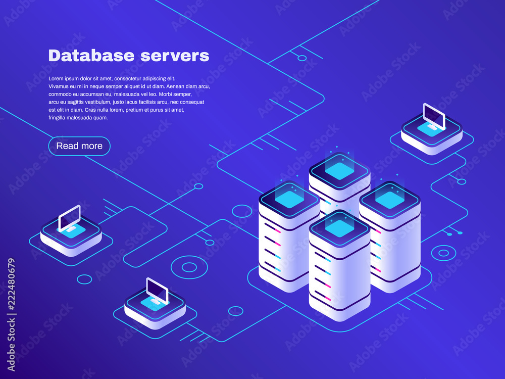 Poster database servers. digital datacenter server network. hosting tech support. online cloud storage vect