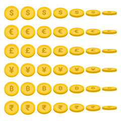 World currency rotate coins set, Currency symbol collection - Vector