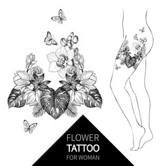Vintage tropical floral ornament. Engraved retro flower decorative design. Beautiful botanical decorative element for elegant woman tattoo - 222480847