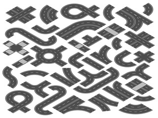 Isometric road or highway. Straight, curved and crossing city street roads elements for journey map vector illustration set © Tartila