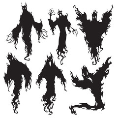 Evil spirit silhouette. Halloween dark night devil, nightmare demon or ghost silhouettes. Flying metaphysical vector illustration - obrazy, fototapety, plakaty