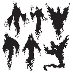 Fotobehang Evil spirit silhouette. Halloween dark night devil, nightmare demon or ghost silhouettes. Flying metaphysical vector illustration © Tartila