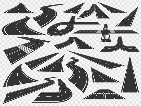 Curved Road In Perspective. Bending Highways Curves, Rural Bended Asphalt And Curving Turn Roads Vector Illustration Set