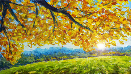 A branch of an autumn tree with golden orange foliage over a green field - autumn landscape - oil painting and palette knife impasto close-up impressionism illustration.