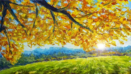 Ein Zweig eines Herbstbaums mit goldenem orangefarbenem Laub über einem grünen Feld - Herbstlandschaft - Ölgemälde und Palettenmesser pastosen Nahaufnahme Impressionismus Illustration. © weris7554