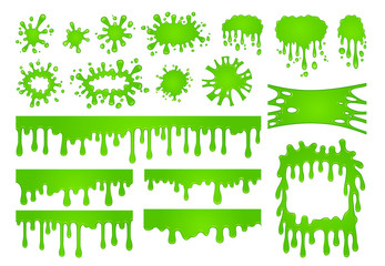 Cartoon liquid slime. Green goo paint drops, spooky splash border and scary halloween stain vector set