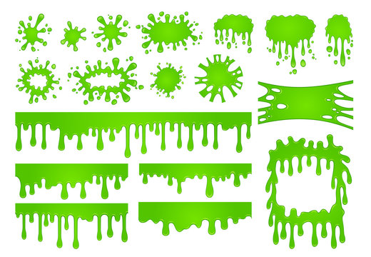 Cartoon Liquid Slime. Green Goo Paint Drops, Spooky Splash Border And Scary Halloween Stain Vector Set