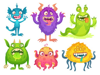 Cartoon monster mascot. Halloween funny monsters, bizarre gremlin with horn and furry creations. Cartoons character vector illustration