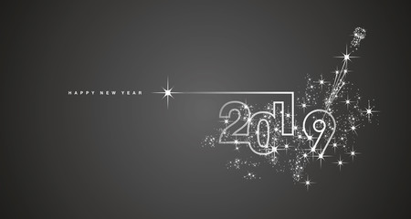 New Year 2019 line design firework champagne white black vector