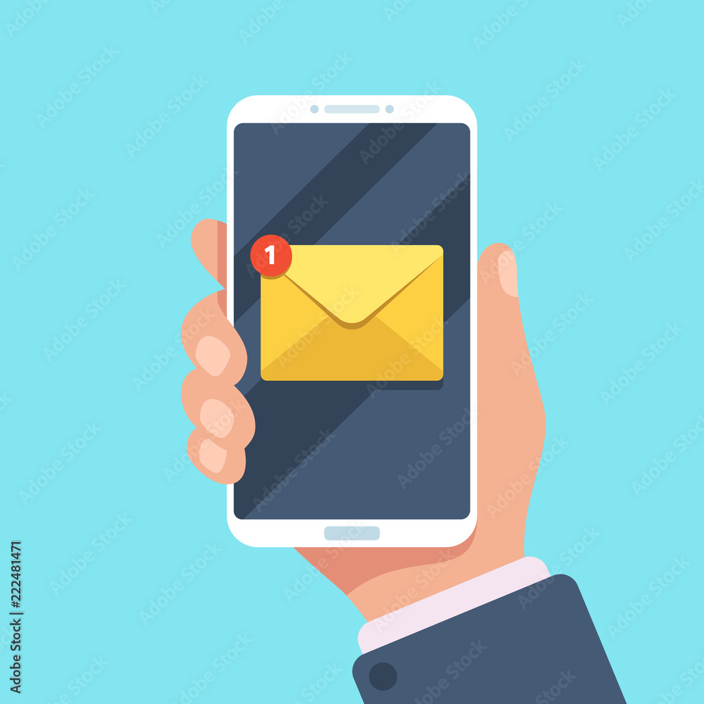 Poster email notification on smartphone in hand. new mail message in inbox, mailing letters or reading sms 