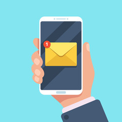 Email notification on smartphone in hand. New mail message in inbox, mailing letters or reading sms on mobile phone vector illustration