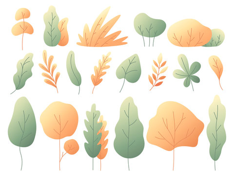 Simple colorful autumn leaves. Autumnal trees and bushes. Minimalistic yellow leaf flat vector set