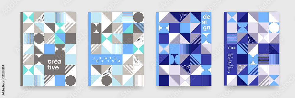 Poster geometric pattern background texture for poster cover design. minimal triangle, circle, square blue,