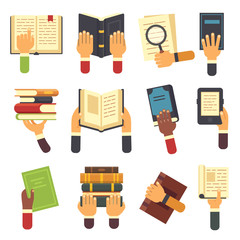 Hands with books. Holding book in hand, reading ebook and reader learning open textbook icon. Reading vector icons set