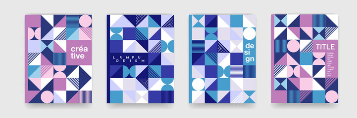 Geometric pattern background texture for poster cover design. Minimal triangle, circle, square blue, violet color vector banner template