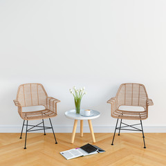 Two wood chair in white room for mockup, 3D rendering