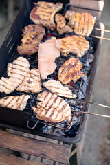 Various cooking meats on a flame grill