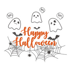 Happy Halloween banner design template. Cute cartoon spooky and spider web on white background. Scary white ghosts. Halloween greeting card design. Vector illustration