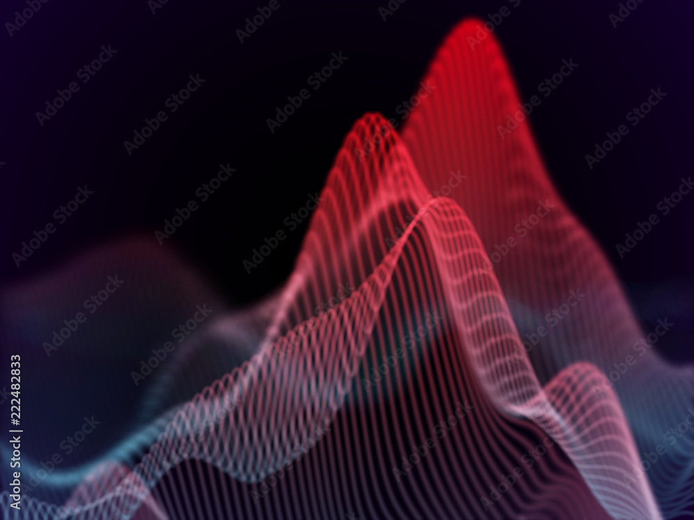 Poster 3d sound waves. big data abstract visualization: business charts analytics. digital surface with flo