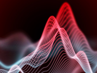 3D Sound waves. Big data abstract visualization: business charts analytics. Digital surface with flowing curves. Futuristic technology background. Red sound waves, EPS 10 vector illustration.