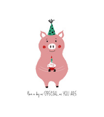Birthday Card With Funny Pig.