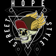 Ilustracion de craneo con gorra y alas con texto