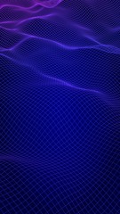 Abstract landscape on a blue background. Cyberspace grid. Hi-tech network, technology. Vertical image orientation. 3D illustration