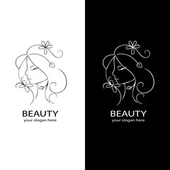 Beauty salon logo. Floral vintage frame of young beautiful woman. Beautiful woman head abstract logo template cosmetics spa hair logo concept icon