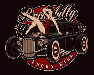 Pin up girl with classic hot rod. - obrazy, fototapety, plakaty
