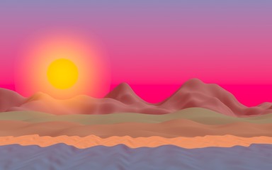 Sun Sea Beach. Sunset. Ocean shore line with waves on a beach. Island beach paradise with waves. Vacation, summer, relaxation. Seascape, seashore. Minimalist landscape, primitivism. 3D illustration