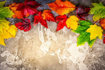Natural fall leaves border on gray stone background, retro toned