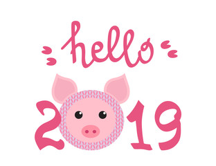 Funny pig and lettering "Hello 2019" for your design. Symbol of the new year 2019. Hand lettering typography