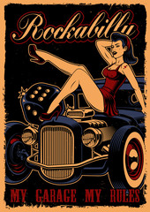 Vintage poster with pin up girl and classic car