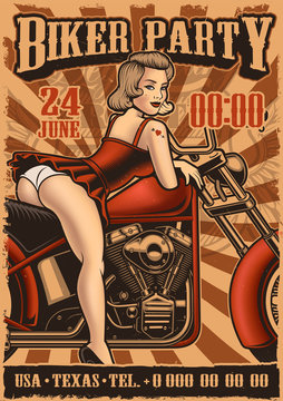 Vintage poster with pin up girl and motorcycle