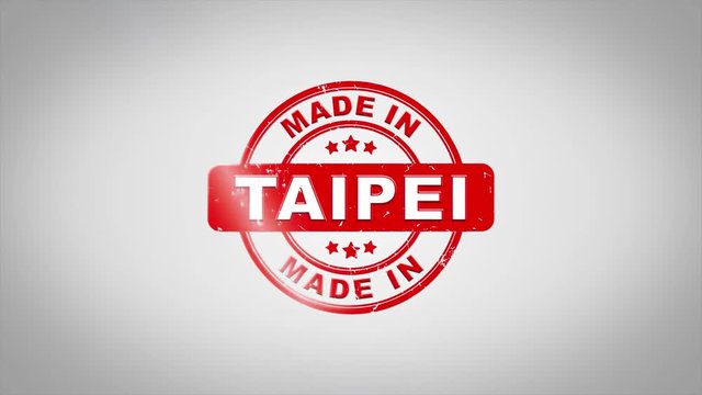 Made In TAIPEI Signed Stamping Text Wooden Stamp Animation. Red Ink on Clean White Paper Surface Background with Green matte Background Included.