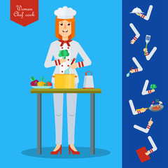 Chef woman character with kitchenware and food. Flat cartoon illustration. Objects isolated on a blue background.