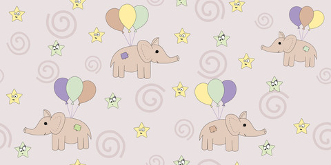 Seamless pattern with cartoon elephants flying on balloons. Vector illustration of a cartoon elephant. Print the child.