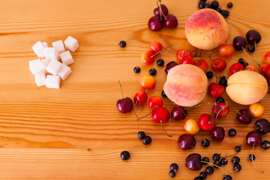 Food. Sugar and cherry, peach, apricot, currant