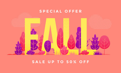 Autumn sale or autumnal shopping season banner for shop discount card or advertising poster. Vector fall forest tree leaves background design