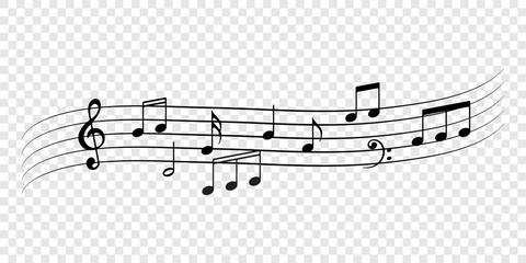 Music notes flow background. Vector music note tune art decoration for musical concert, jazz or orchestra poster