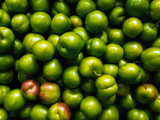 unripe green plums fruit background