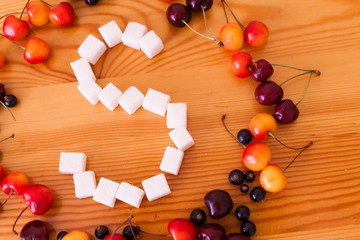 Food. Sugar and cherry, peach, apricot, currant