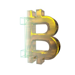 Bitcoin sign, green grid goes to gold on a white background. 3D illustration