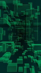 Green and dark abstract digital and technology background. The pattern with repeating rectangles. 3D illustration