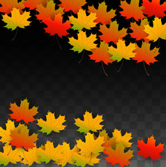 September Vector Background with Golden Falling Leaves. Autumn Illustration with Maple Red, Orange, Yellow Foliage. Isolated Leaf on Transparent Background. Bright Swirl. Suitable for Posters.