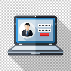 Laptop icon in flat style with user login form on the screen and long shadow on transparent background
