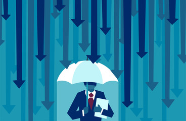 Vector of a businessman with umbrella resisting protecting himself from falling arrows